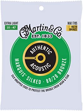 Martin Guitar MA170S Authentic Acoustic Extra-Light-Gauge Marquis Silked Strings, 80/20 Bronze Acoustic Guitar Strings