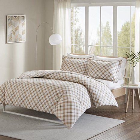 Comfort Spaces - Ultra Soft 100% Cotton Plaid Flannel Mini Duvet Cover Set - 3 Piece - Tan - Queen Size, Includes 1 Duvet Cover, 2 Shams