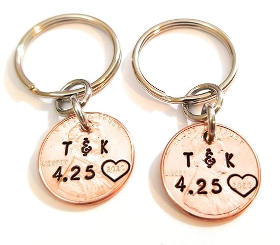 A Pair of Personalized Lucky Copper Penny Key Chains with Date, Initials and Heart Around Year