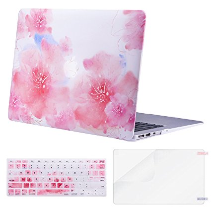 Mosiso Plastic Pattern Hard Case with Keyboard Cover with Screen Protector for MacBook Air 13 Inch (Model: A1369 and A1466), Watercolor Peach Blossom