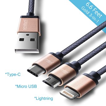USB Type C , Smilism 6ft (2M) 3-in-1 Lightning cable Micro USB Type C Cable for iPhone 6 6 Plus 5 5s 5c, iPad Air, New Macbook, iPod 5, Sumsung, HTC, Nokia, ChromeBook Pixel and more (Gold)