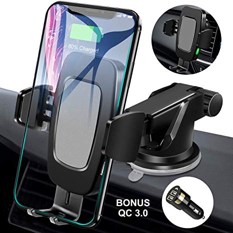 FiGoal Qi Wireless Car Charger Mount with QC 3.0 USB Adapter Auto Clamping 10W 7.5W Fast Charging Air Vent Windshield Dashboard Phone Holder Compatible with iPhone Xs Max XR 8 Samsung S10 S9 S8 Note 9