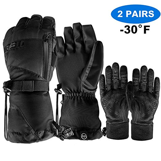 OutdoorMaster Ski Gloves - Waterproof Ski and Snowboard Gloves with Non-Slip Rubber Palms, Removable Liners & Zipper Pocket - for Men