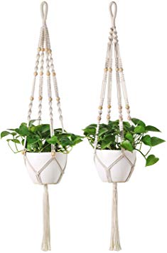 Mkono 2 Pcs Macrame Plant Hanger Indoor Outdoor Hanging Planter Basket Cotton Rope with Beads 46 Inch