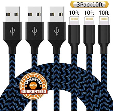 iPhone Charger,Neatlo MFi Certified Lightning Cable 3 Pack 10FT Extra Long Nylon Braided USB Charging & Syncing Cord Compatible iPhone Xs/Max/XR/X/8/8Plus/7/7Plus/6S/6S Plus/SE/iPad/Nan -Black Blue