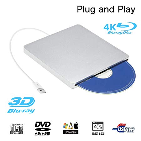External Blu ray DVD Drive,Ploveyy USB 3.0 Ultra Slim 3D 4K External Blu Ray Player Writer Portable BD/CD/DVD Burner Drive Polished Metal Chrome for Mac OS, Windows 7/8/10,Linxus, Laptop (Silver)