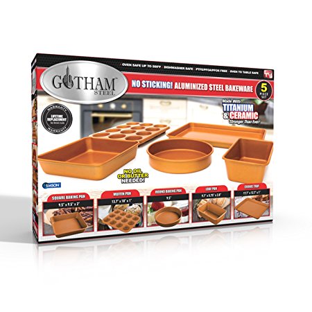 Gotham Steel 5 Piece Copper Bakeware Set with Nonstick Ti-Cerama Coating, Super Strong 0.8MM Gauge,  Includes Cookie Sheet, Muffin Pan, Large Baking Pan, Loaf Pan and Round Baking Pan