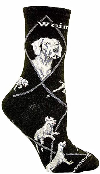 Weimaraner on Black Ultra Lightweight Cotton Crew Socks - Made in USA