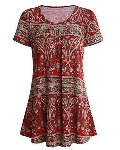SOLERSUN Women's Summer Short Sleeve Pleated Blouse Shirts Casual Floral Printed Tunic Tops