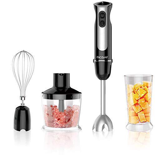 Hand Blender Set, OCDAY 4 in 1 Mixer with measuring beaker 600ml, 500ml Food Chopper, Multifunction for Smoothie, Eggs, Meat and Vegetable