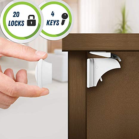 20 Locks, 4 Keys - Easy to Install Magnetic Safety Locks for Cupboard, Cabinet and Drawers, Including Extra 3M Adhesive Strips - Child and Baby Proof (The Biggest kit on Amazon!)
