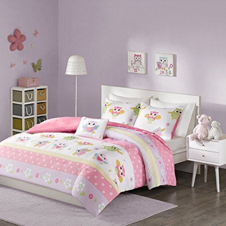 Comfort Spaces - Owl Kid Comforter Set - 4 Piece - Owl Flower Polka dot - Pink White - Queen Size, includes 1 Comforter, 2 Shams, 1 Decorative Pillow