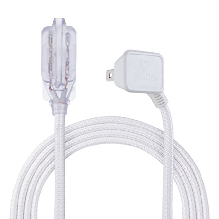 Globe Electric 22811 Designer Series 9-ft Fabric Extension Cord, 3 Polarized Outlets, Right Angle Plug, 125 Volts, White, Silver