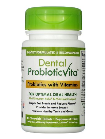 Dental ProbioticVita Peppermint Flavor Oral Probiotics with Vitamins - Fights Bad Breath Plaque and Dry Mouth - Dentist Recommended Sugar Free Chewable Supplement