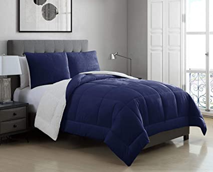 3 Piece Micromink Sherpa Silky Smooth Plush Oversized Navy Comforter Set King