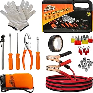 Armor All 30pc Roadside Emergency Kit - Gloves, Tools, Flashlight, Car Fuses, Tape, Socket Heads, 12G Jumper Cables & Carrying Case - Roadside Emergency Kit, Travel Essential