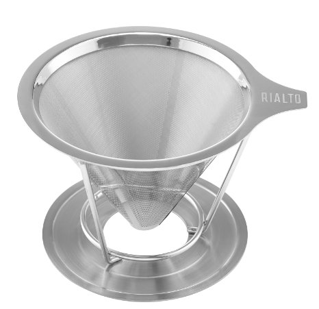 RIALTO Permanent Coffee Filter - Stainless Steel Pour Over Coffee Dripper - Reusable cone with pour over coffee stand - clever coffee dripper (1-2 cup)