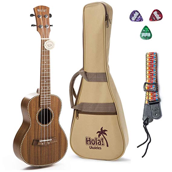 Concert Ukulele Deluxe Series by Hola! Music - HM-124KA, Bundle Includes: 24 Inch Koa Ukulele with Aquila Nylgut Strings Installed, Padded Gig Bag, Strap and Picks