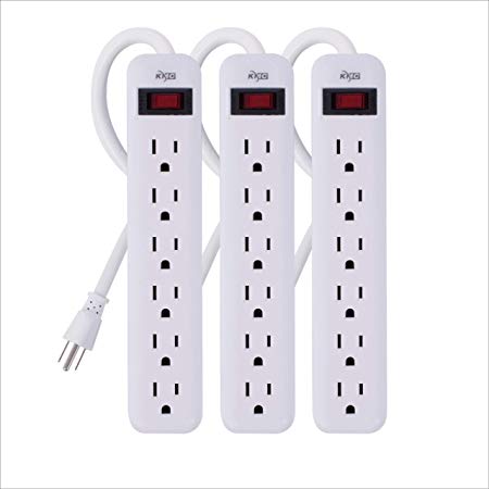 KMC 6-Outlet Power Strip 3-Pack, Overload Protection, 3-Foot Cord, White