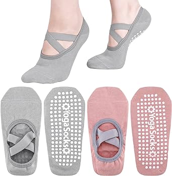 FANTESI Yoga Socks - 2 Pairs Pilates Socks Non-Slip Grip Yoga socks with Straps Ideal for Pilates, Fitness, Barre, Ballet, Barefoot Workout, Dance