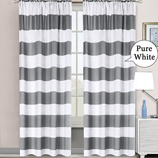 H.VERSAILTEX Gray Striped Rod Pocket Blackout Window Curtains Thermal Insulated Grey and Pure White Striped Curtains for Bedroom 52W X 84L 2 Panels