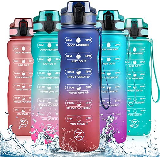 ZOMAKE 1L/32OZ Motivational Water Bottle with Time Markings & Strainer, BPA Free Leakproof Water Jug for Sports & Fitness
