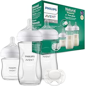 Philips Avent Kit biberons en verre pour nouveau-né – 3 biberons à Réponse Naturelle, sucette ultra-douce 0 à 6 mois, sans BPA (modèle SCD878/11)