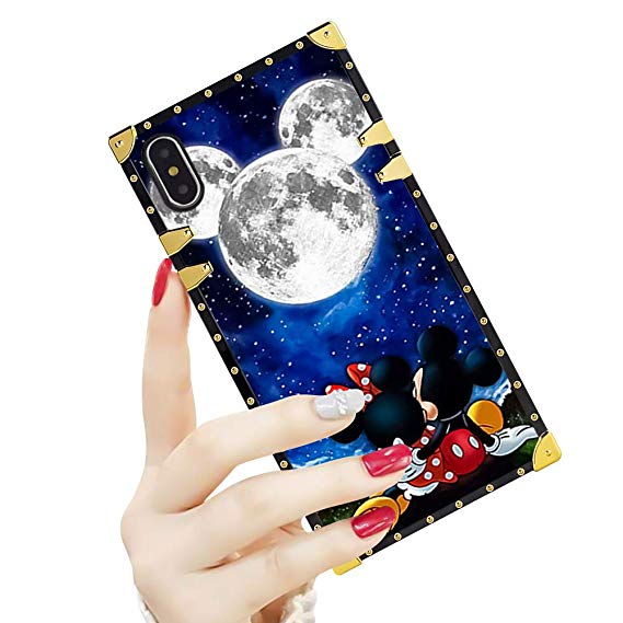 DISNEY COLLECTION Luxury Square Case for iPhone Xs Max [6.5"] Mickey and Minnie are Dating Pattern Design Flexible Reinforced Metal Decoration Corners Shockproof Slim Cover