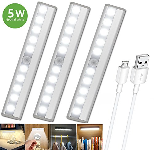 Motion Sensor Closet Light (USB Rechargeable) DIY Stick-on Anywhere Night Light Portable 10-LED Under Cabinet Light Under-Bed Light Stair Step Light Puck Lights with Magnetic Strip(White - Pack of 3)