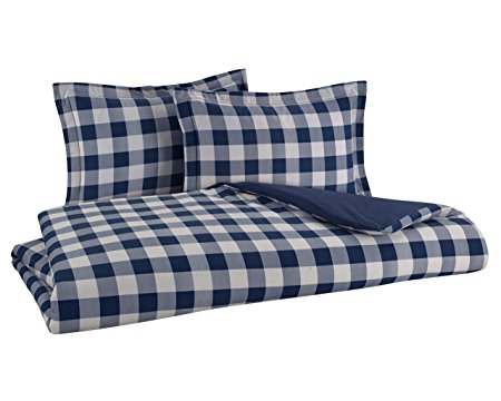 FLANNEL REVERSIBLE DUVET COVER SET by DELANNA 100% Cotton 1 Duvet Cover 86" x 86" and 2 Shams 20" x 26" (FULL/QUEEN, BUFFALO CHECK NAVY)