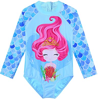 TFJH E Kids Girls Rashguard Swimsuit UV 50  Long Sleeve One Piece Swimwear Zip