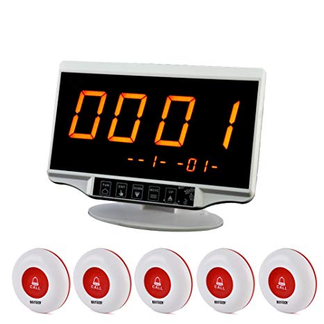 Restaurant Paging System,Wireless Calling System Waiter Caregiver Pager with 1PC LCD Display Receiver   5PCS Waterproof Call Buttons