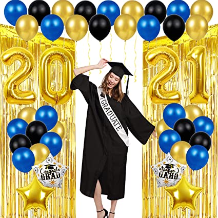 Graduation Decorations 2021 Balloons Props - 40 Inch Large 2021 Balloons   2 Gold Curtains, 10 Gold Balloons,10 Blue Balloons, 10 Black Balloons, 4 Pentagram Balloons for Graduation Party Decorations