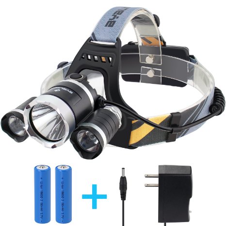 BYB Super Bright Headlamp Headlight Flashlight Torch with 4 Modes 3 CREE T6 LED Light Torches with 18650 Rechargeable Batteries and Wall Charger for Camping Biking Hunting Fishing Outdoor Sports