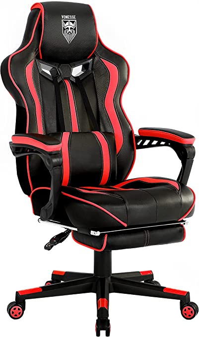 Reclining Gaming Chair with Footrest, Gaming Computer Chair with Massage, Recliner Computer Chair, High Back Gaming Desk Chair, Racing Style Gamer Chair, Big and Tall Gaming Chairs for Adults (Red)