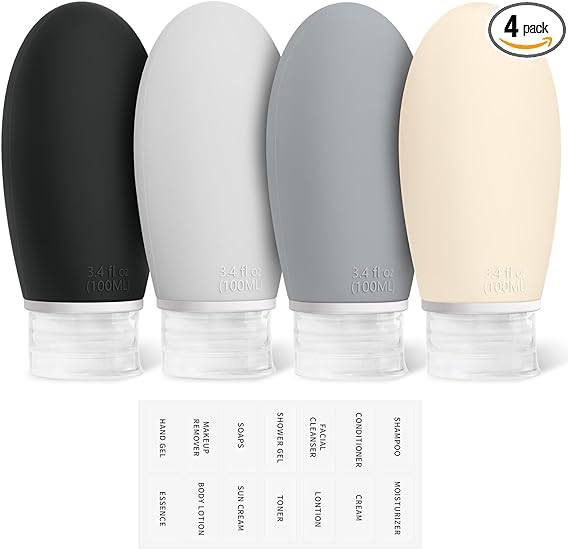 Opret 100ml Silicone Travel Bottle, 4 Pack Leak Proof Refillable Squeezable Containers with Lable 3.4oz for Shampoo, Conditioner and Toiletries, BPA Free and TSA Approved