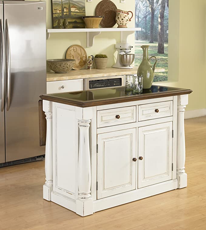 Home Styles Monarch White Kitchen Island with Distressed Oak Top, Black Granite Top Inset, Hardwood, Breakfast Bar, Two Drawers, Two Wood Panel Doors, and Adjustable Shelves