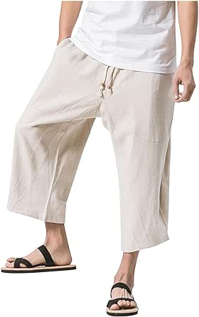 Below Knee Capri Pants for Men's Cotton Lightweight Baggy 3/4 Trousers with Pockets Beach Lounge Drawstring Shorts