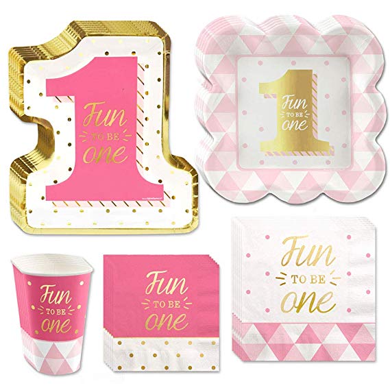 Big Dot of Happiness Fun to be One - 1st Birthday Girl with Gold Foil - Party Tableware Plates, Cups, Napkins - Bundle for 16