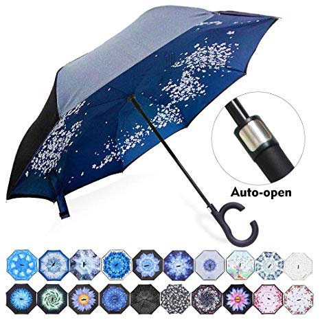 ZOMAKE Auto Open Double Layer Inverted Umbrella Cars Reverse Umbrella, UV Protection Windproof Large Straight Umbrella for Car Rain Outdoor with C-Shaped Handle