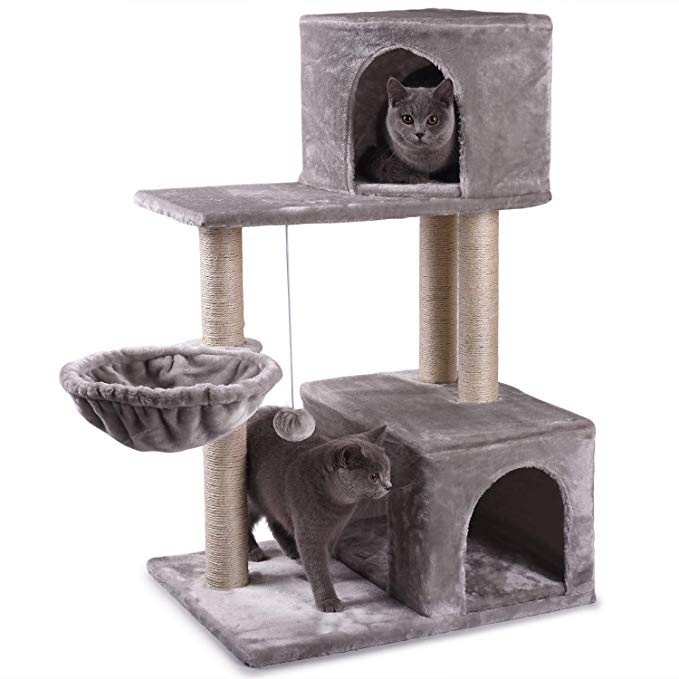 NOVA JUNS Cat Tree, Cat Tower with Sisal-Covered Scratching Posts Basket fur ball and 2 Cozy Condos Cat Furniture for Kitten Light Gray
