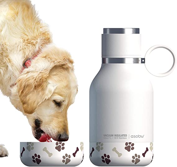 Asobu Dog Bowl Attached to Stainless Steel Insulated Travel Pet Bottle 1 Liter (White)