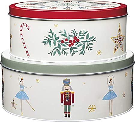 KitchenCraft The Nutcracker Collection Christmas Cake Storage Tins, Stainless Steel, Multi-Colour, Set of 2