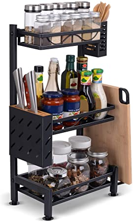 Spice Rack Organizer, Kitchen Cabinet Shelf Organizer, Easy Removable Storage Rack with Knife Holder, Cutting Board Holder and Cutlery Holder, Kitchen Bathroom Standing Rack Storage Rack(3 Tier)