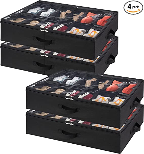 Lifewit Under Bed Shoe Storage Organizer Set of 4, Foldable Fabric Shoes Container Box with Clear Cover Fits 48 Pairs of Shoes, Black