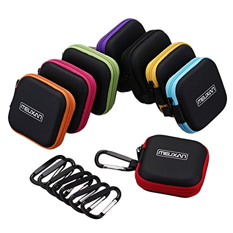 Meuxan 8-Pack Earbud Case Mini Carrying Pouch with Carabiner for Earphone Headphone USB Cable Flash Drive, 8 Colors