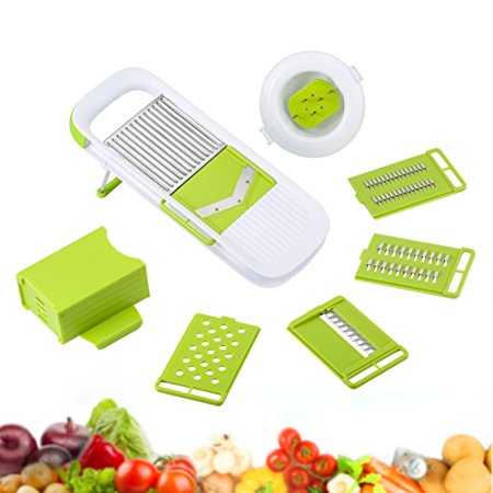 ROKOO Mandoline Slicer, 5 Adjustable Blades Vegetable Slicer Fruit Cutter Onion Chopper Grater Grinder for Veggie Pasta & Spaghetti and Salad, White and Green