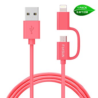 2 in 1 Lightning and Micro USB Cable, Foxsun 6.6ft/2m 2 in 1 USB Charging Cable Cord[Apple MFi Certified]for iPhone 7 /7 plus/6 /6s/6 Plus/6s plus/5s/5c/5/SE, iPad,iPod & Samsung and More(Pink)