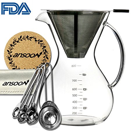 Pour Over Coffee Maker, Ansoon (800 ml / 27 oz) Permanent Stainless Steel Mesh Filter Coffee Glass Filter Pot with Coffee Scoop set - Heat Resistant Mat - Clearning Cloth