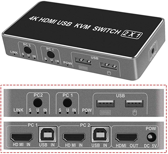 Pasow KVM Switch HDMI 2 in 1 Out 2 Port Keyboard Mouse Switcher USB Switch